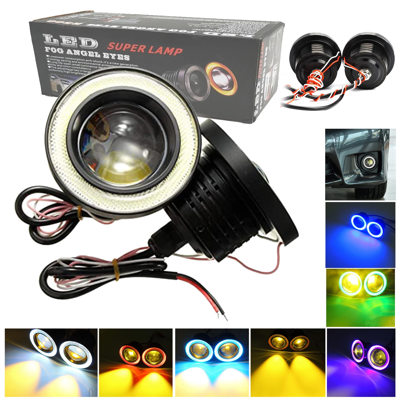 

2pcs Yellow Car Fog Lights Round COB LED Lamp High Power w/ Halo Angel Eye Rings Headlight Universal Daytime Running Light DRL