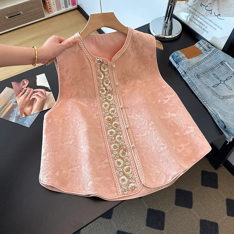 New Autumn Chinese Style National Trend Women's Vest Design Sense Bead Embellished Anti-Aging Top Outerwear Regular Length