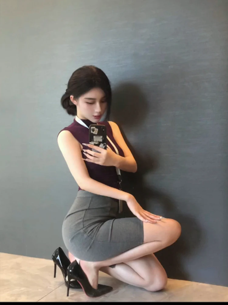 

plus Size Sexy Lady Kim Secretary Style Summer High Waist Bodycon Skirt Set Sleeveless Fitted Uniform Short round Neck Two Pi...