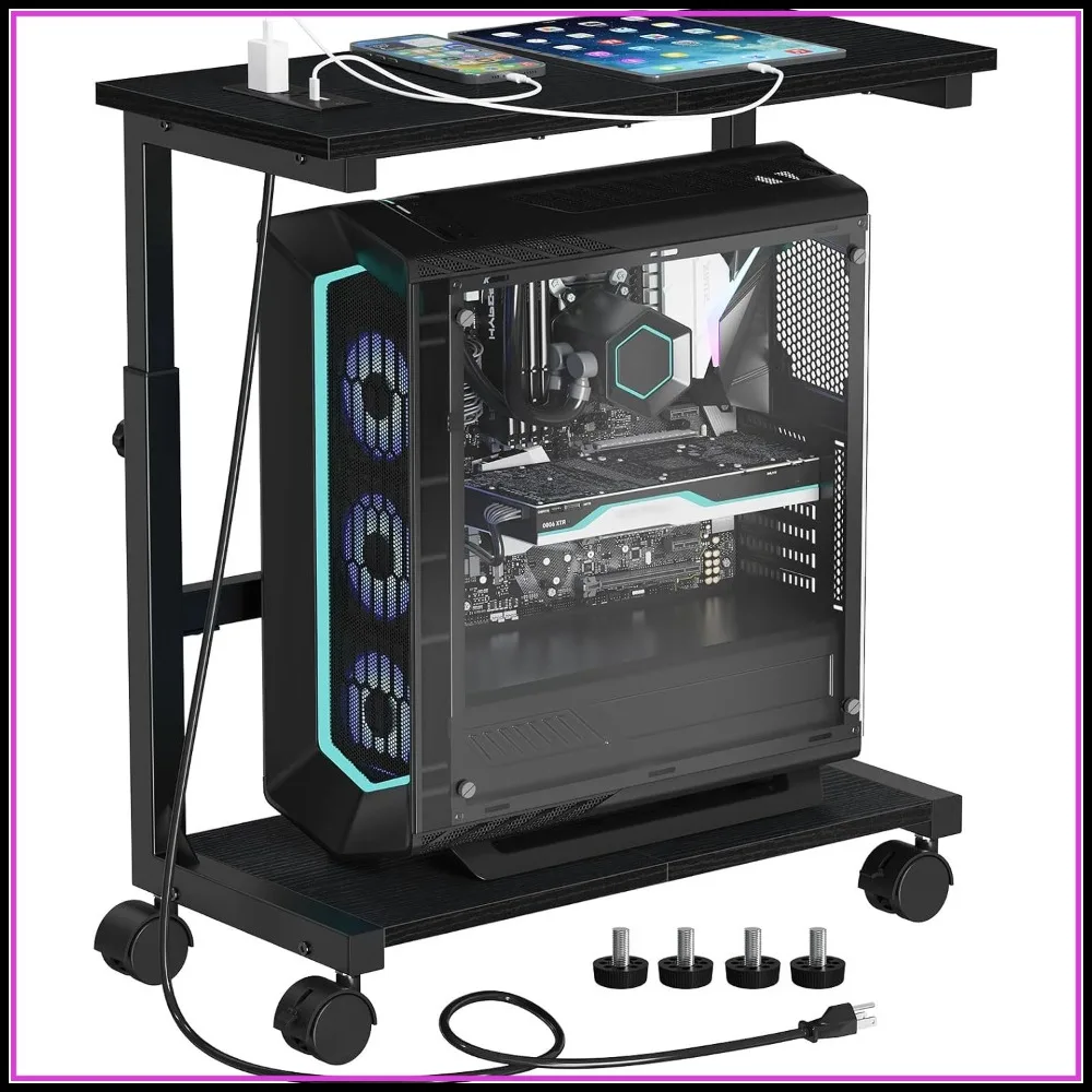 

Adjustable PC Tower Stand with Charging Station and Locking Wheels for Home Office Floor, Height 25.0"-32.1"