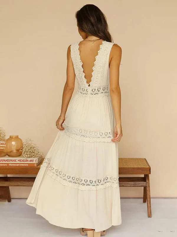 

Hot Summer Lace Sexy Deep V-neck Dress for Women Fashion Splice Sleeveless Elegant Fairy Dresses Female Clothing New Style Dress
