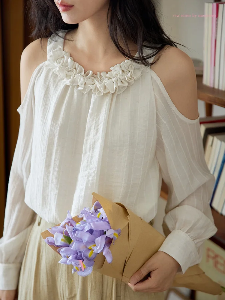 

Женская винтажная миди-юбка Moriirose с длинным рукавом, вырезами на плечах, оборками и дышащим полиэстером для осени