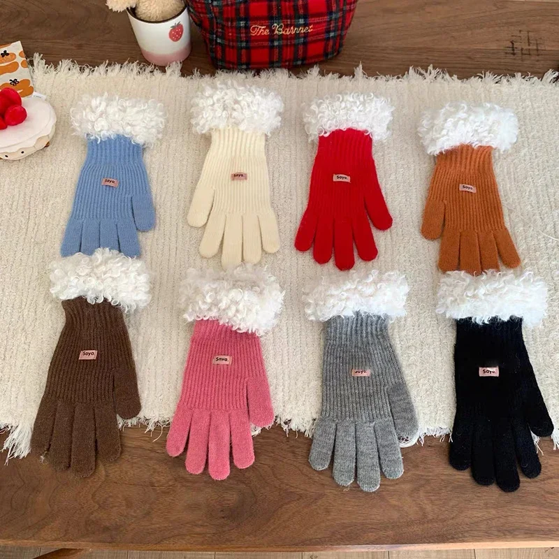 Guantes con bordes de felpa para mujer, manoplas coreanas para pantalla táctil a prueba de frío, accesorios más cálidos de invierno, regalo de Año Nuevo