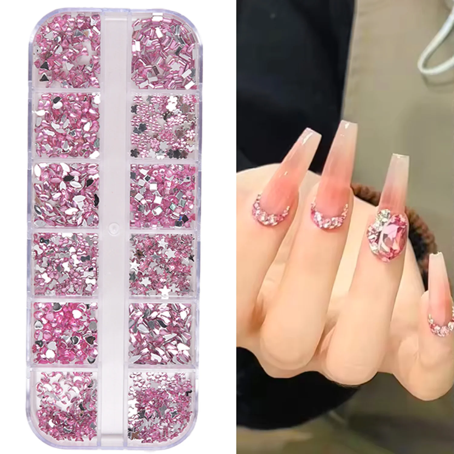 Clear Glass pink  Glass Crystal Nail Art Gems 12grids Flatback  Mixed Nail Art Rhinestone Non-Hotfix Diamond Nail Deco