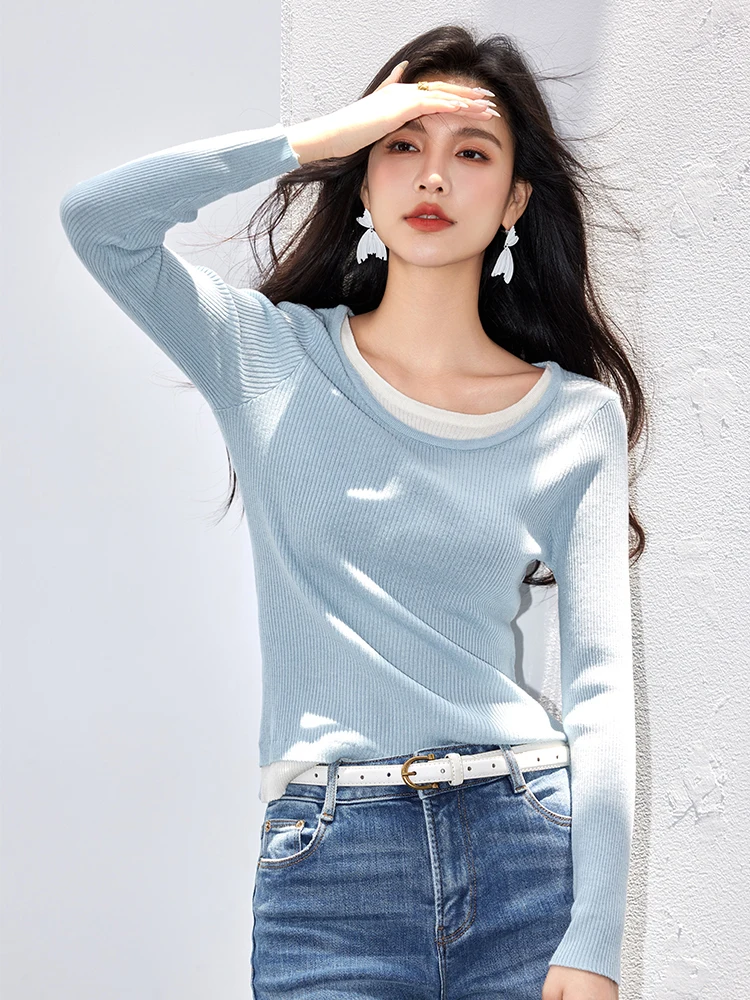 Women Fashion Knitted Sweater 2024 Autumn Winter Fake Two Piece Contrasting Color Slim Fit Knitted Sweater Long Sleeve Top