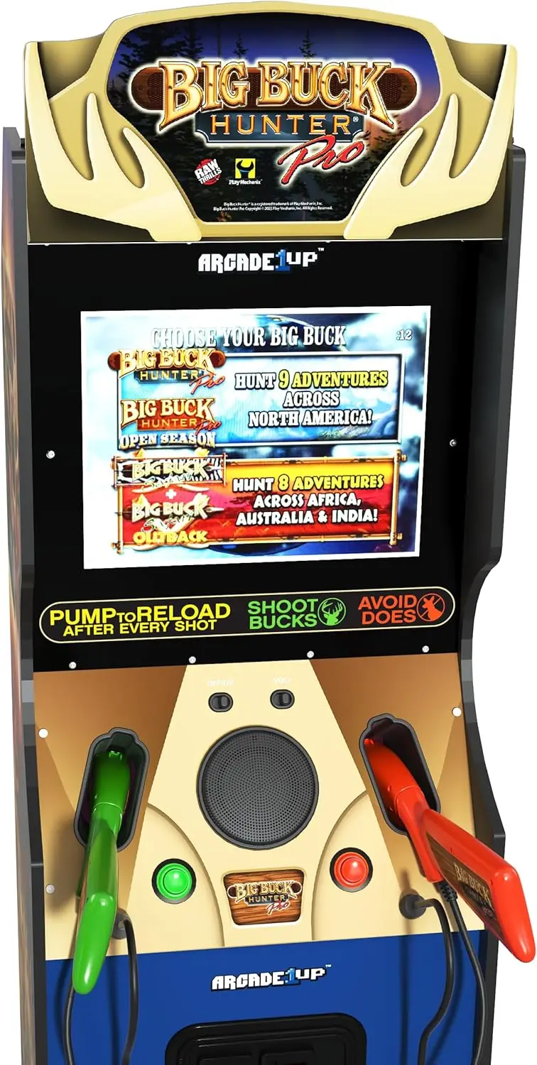 เครื่องอาร์เคด Big Buck Hunter Pro Deluxe สําหรับบ้าน ตู้ยืนสูง 5 ฟุต เกมคลาสสิก 4 เกม และหน้าจอ 17 นิ้ว