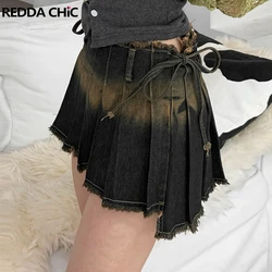 REDDACHiC Wrap-around Women Denim Mini Skirt Harajuku Bandage High Rise Raw Edge Gradient Short Bottoms Aesthetic Y2k Streetwear