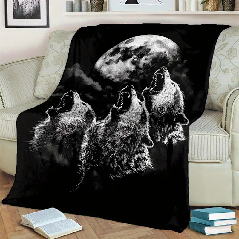 Cozy Wolf & Moon Print Flannel Blanket - Soft, All-Season Throw For Office Chair Naps, Home & Camping