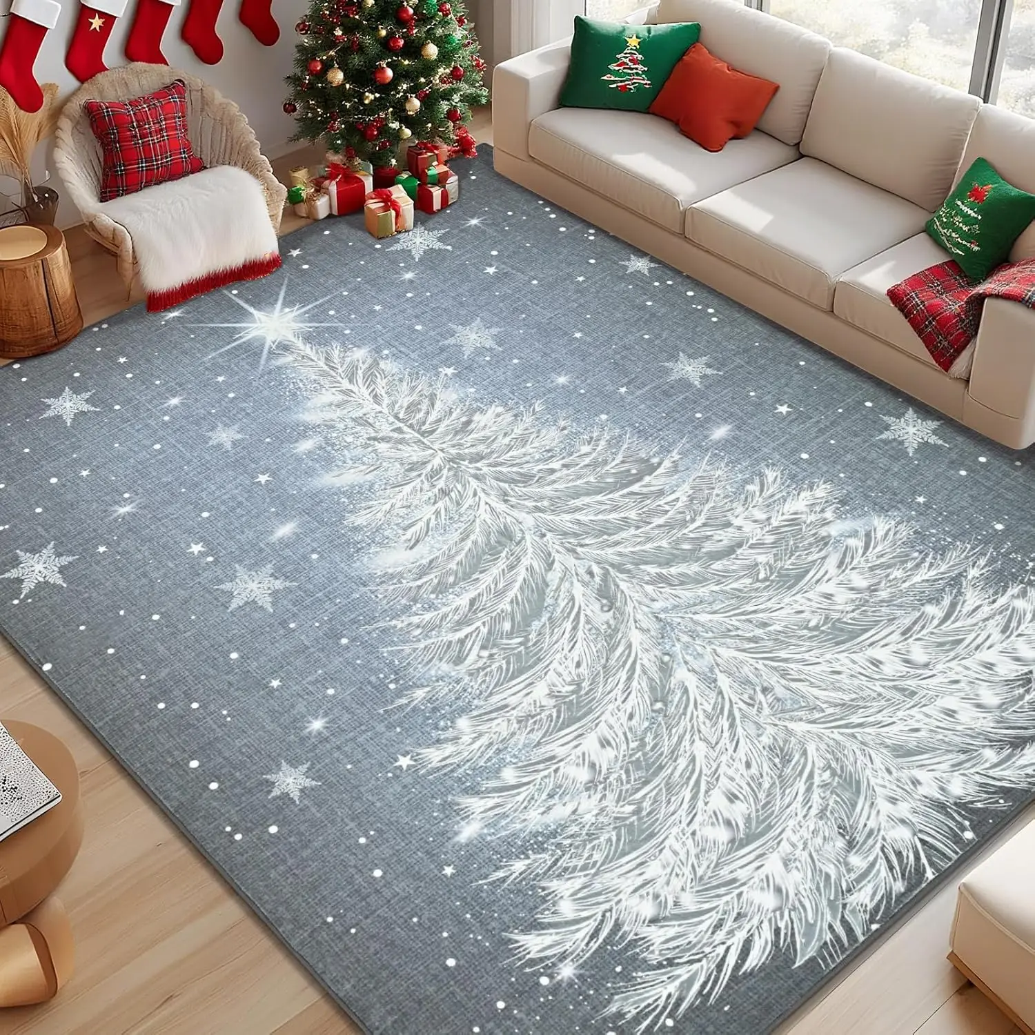Christmas Rug Christmas Tree Living Room Rug Xmas Snowflake Washable Rugs for Entryway Grey Bedroom Rugs Non Slip Soft Faux