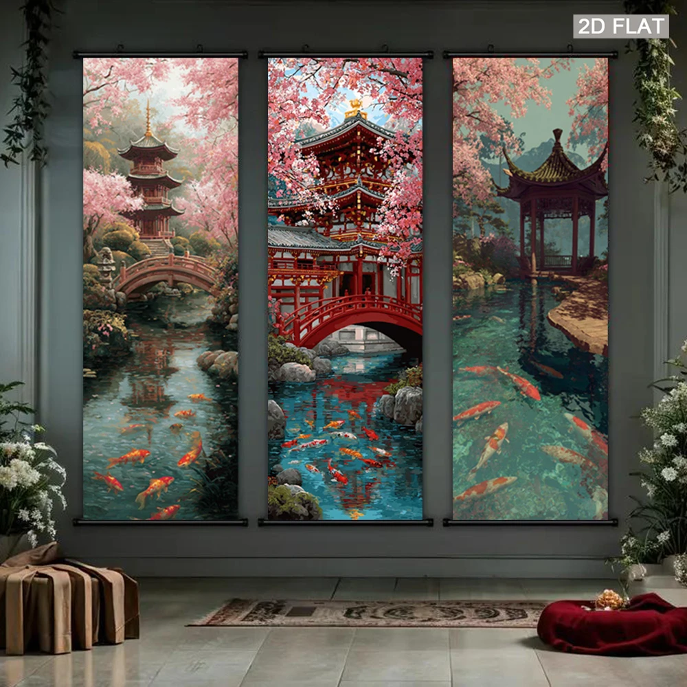VIKAMA Japanese Cherry Blossom Koi Pond Scroll Tapestry, Sakura Fabric Poster, Wall Hanging Art for Bedroom Living Room Decor