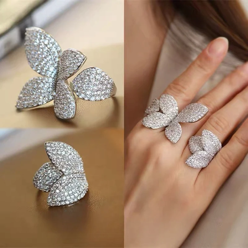 2 Pcs/set Leaf Rings of Different Sizes Set Dubai Bridal Jewelry Sets Women Wedding Accessories Full Rhinestone Flower Open Ring