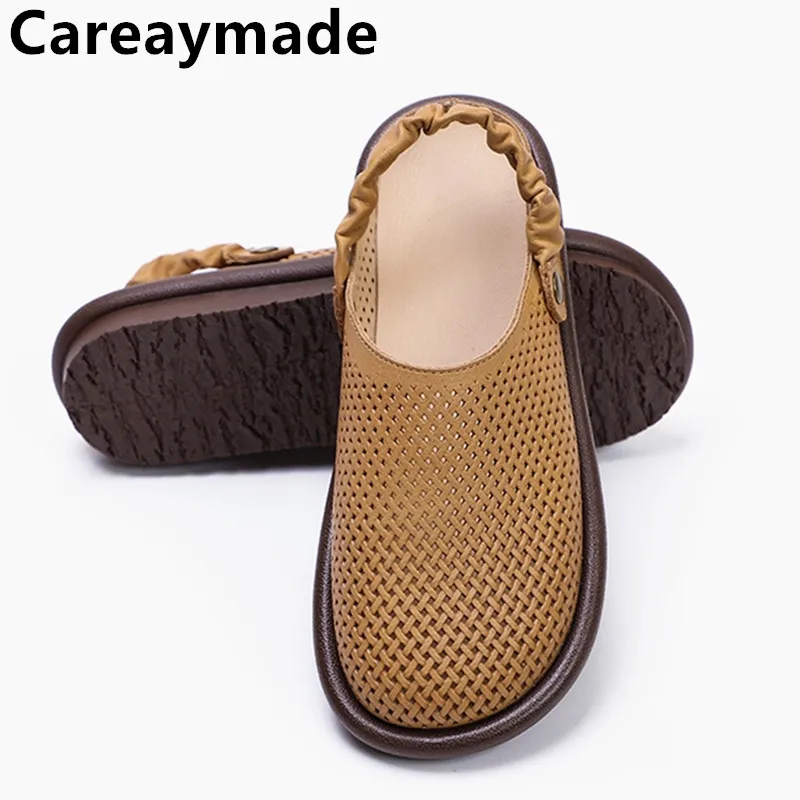 Careaymade-Summer Genuine Leather Women's Shoes Breathable Hollow Half Slippers Sandals Women's Retro Thick Sole Hole Shoes