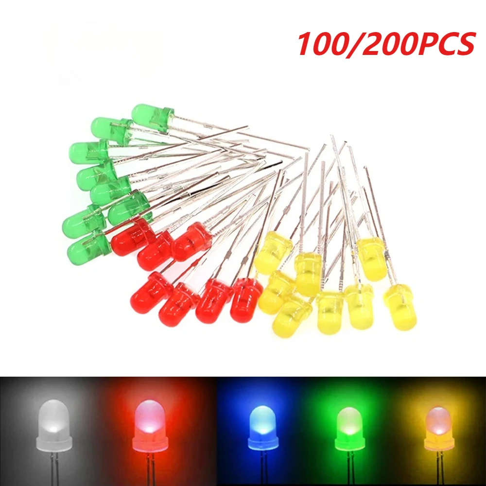 100/200pcs 5mm LED Diode Round Light Emitting Diode F5 LED Assorted Kit White Green Red Blue Yellow Orange DIY