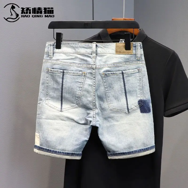 New Fashion Korean Men\'s Casual Summer Denim Knee Length Shorts Distressed Patches Designer Boyfriend Luxury Brand Jeans Male