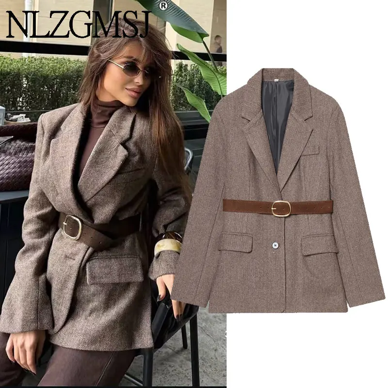 

Nlzgmsj 2025 Autumn New Vintage Women's Jacket Chic Fashion belt Single-Breasted Blazers Casual Coat Female Outerwear Y2k