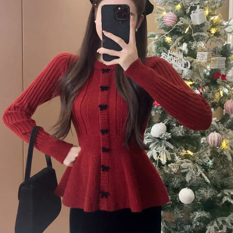 

Bow Buttons O-neck Knitting Pullovers Women Autumn Winter Elegant Temperament Solid Color Sweater Trend All-match Knitwear Tops