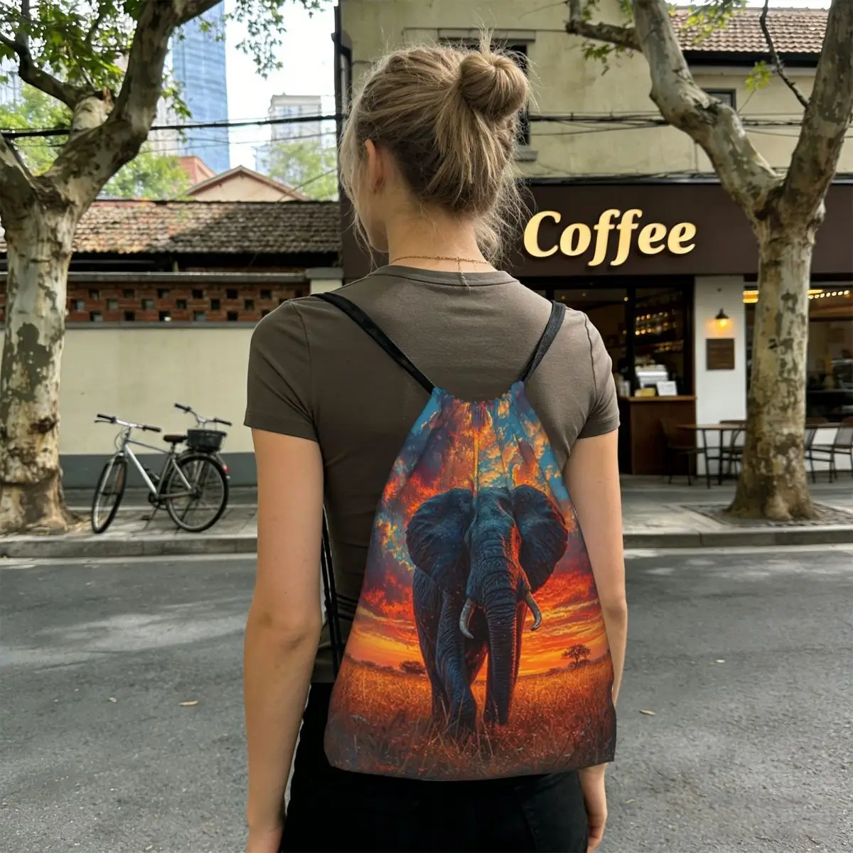 Elephant In The Field Backpacks Casual Drawstring Bags Sports Bag Book Bags for Man Woman School