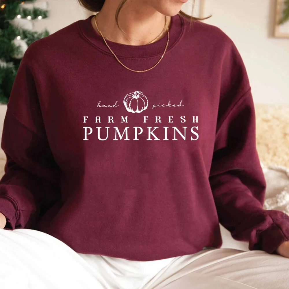 Hand Picked Farm Fresh Pumpkins Sweatshirt Fall Graphic Hooides Women Halloween Sweatshirt Long Sleeve Crewneck Pullover Tops