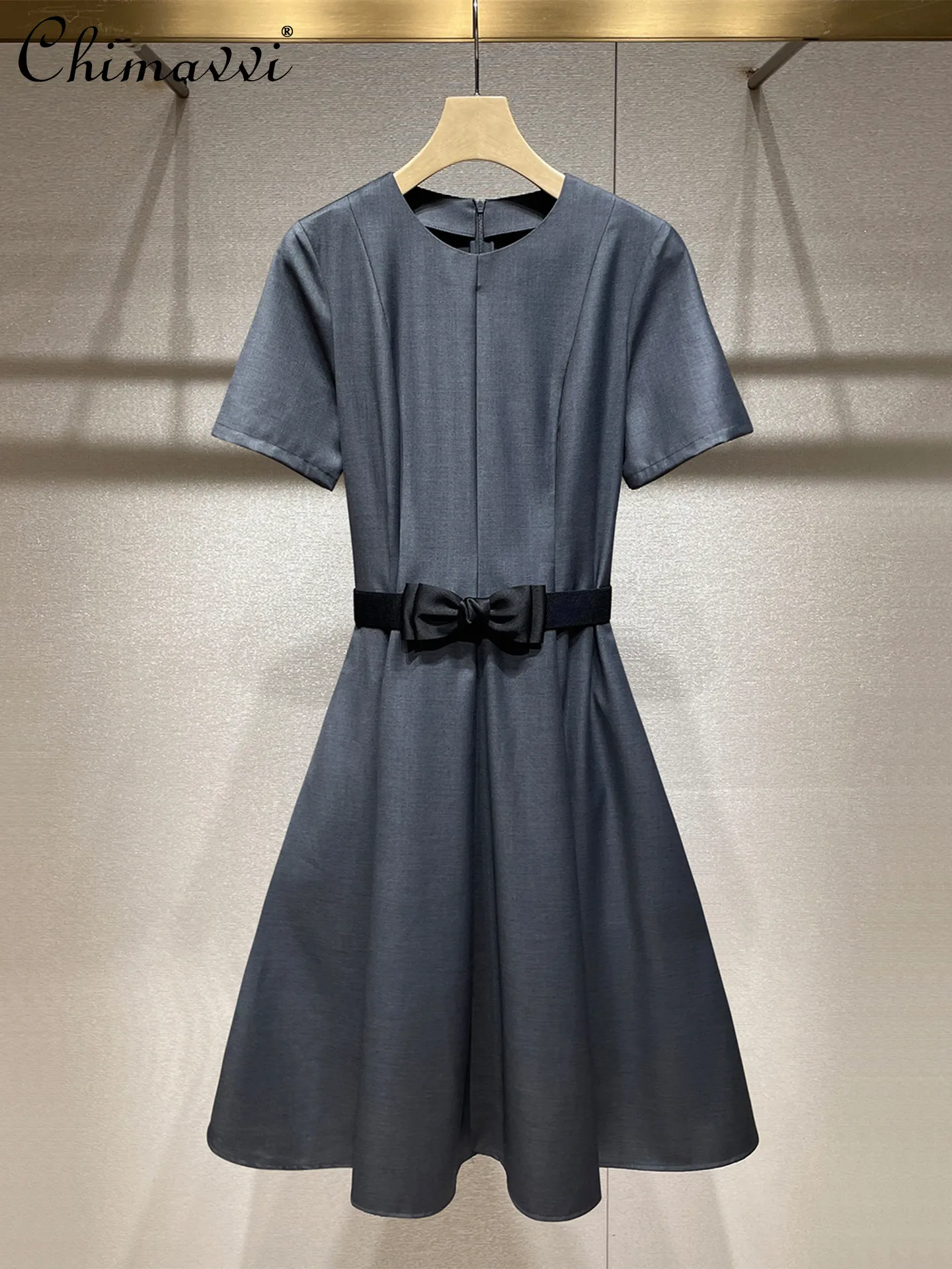 

French Elegant Temperament Socialite Round Neck Short Sleeve High Waist A-line Bow Grey Formal Midi Dress For Women Summer 2026