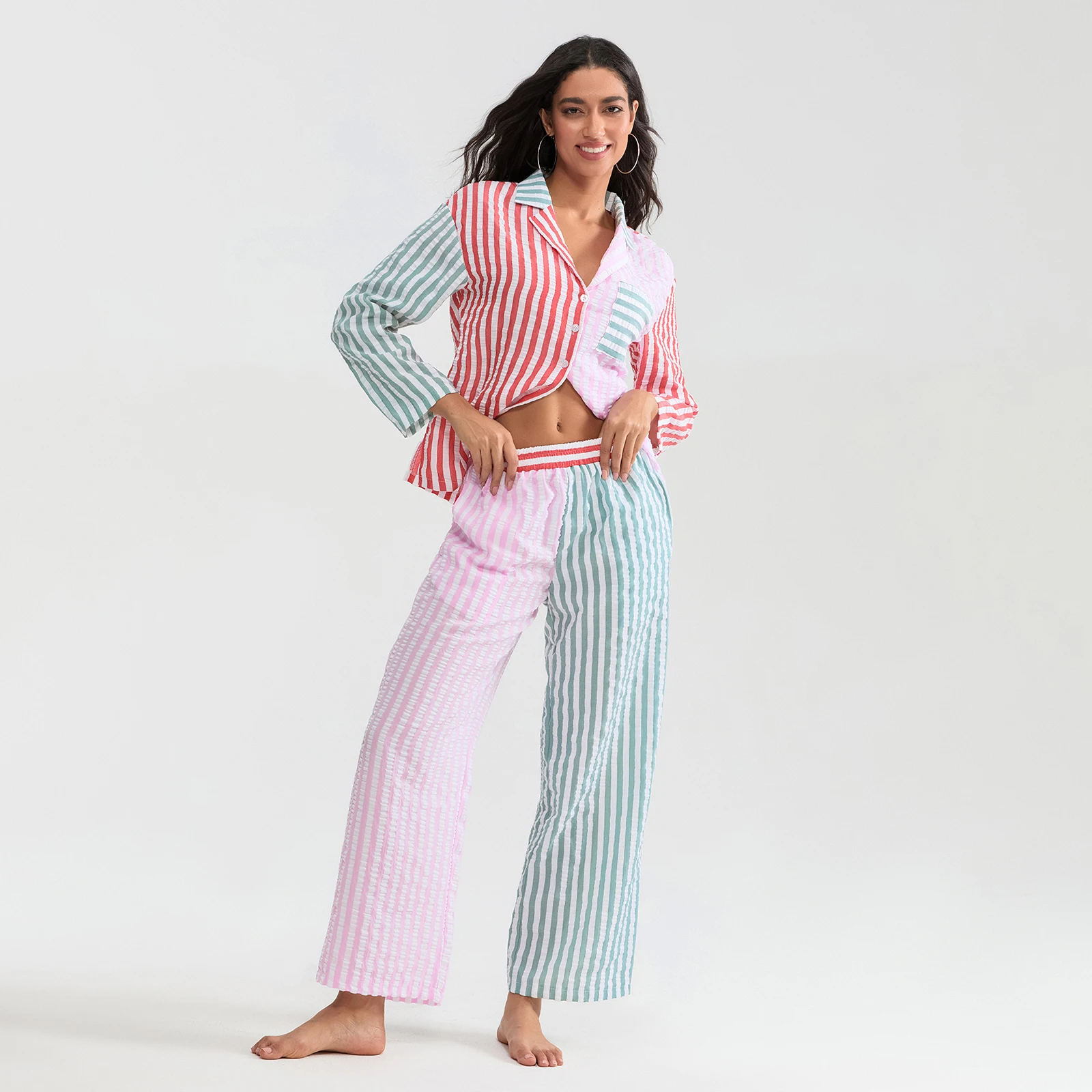 HEZIOWYUN Women's 2Piece Y2K Striped Contrast Color Pajama Set Long Sleeve Lapel Button Up Shirt + Elastic Waist Pants Sleepwear