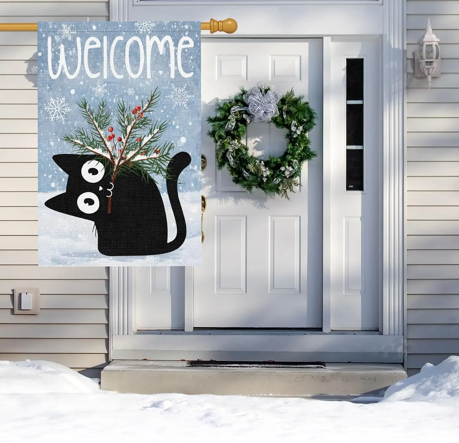 Winter Garden Flag 28 x 40 Inch Double Sided for Outside, Black Cat Pine Tree Branches Snowflake Christmas Winter Welcome Ho ZZM