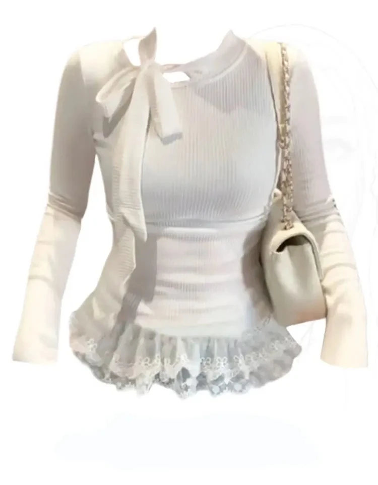 

Knit Bow Tied Basic Top Women Patchwork Lace Ruffles Slim fit Long sleeve Solid color Plain Tees Shirt Ladies Korean