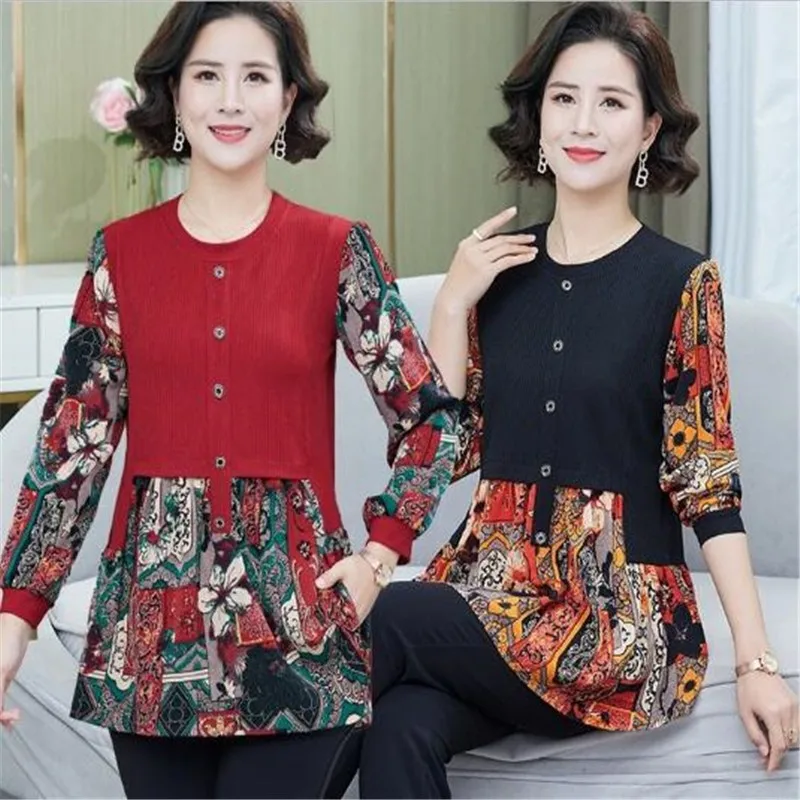 Women Spring Summer Blouses Printed patchwork Shirts Lady Fashion Casual long Sleeve O-Neck Colla Printing Plus size Blusas Tops