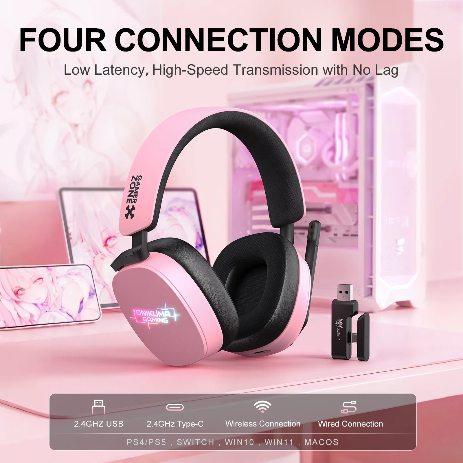 Wireless Gaming Headset 2.4GHz Low Latency Headphones With Microphone 50mm Driver Stereo Surround Sound For PC PS5 Switch Gamer