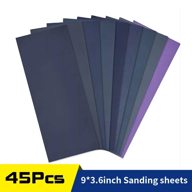 45Pcs Sanding Sheets 9*3.6 inch Sandpaper Dry Wet 400 to 3000 Grit for Wood Furniture Finishing, Metal Sanding, Car polishing