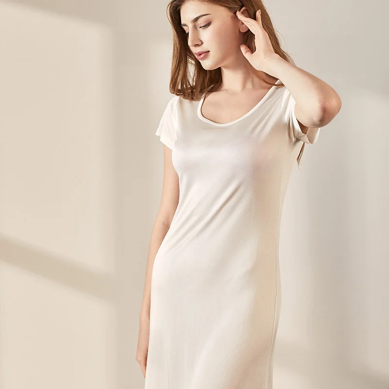 Summer T Shirt Dress Silk Pajamas Women White  Loose Causal Home Wear  Knitted Hip Slim Fit Night Clothes