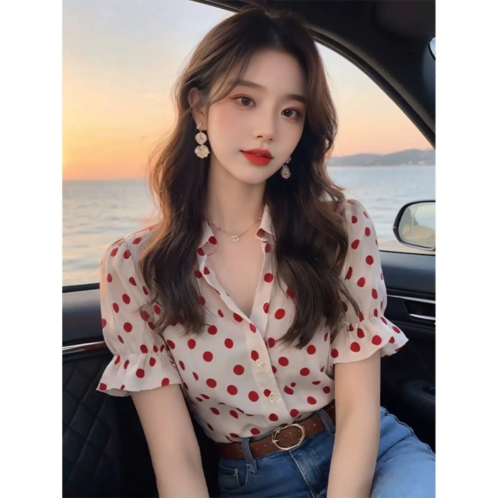 Polka Dot Shirts and Blouses Korea Turn Down Collar Fashion Woman Blouse 2024 Petal Sleeve Ruffles Ladies Top Female Clothes New