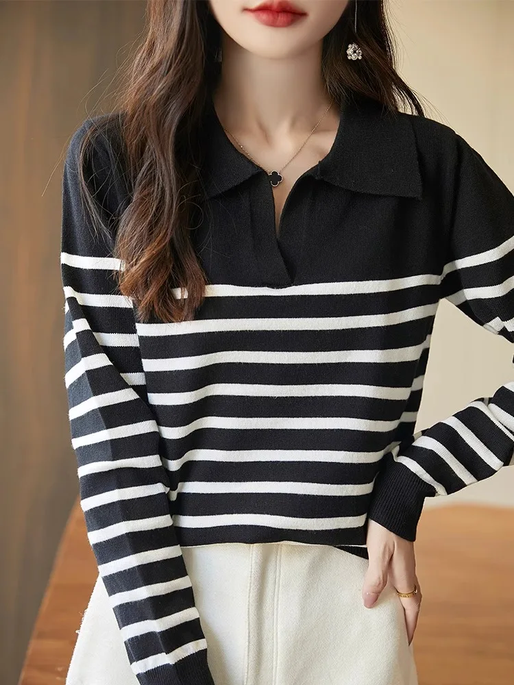 

Женский свободный крой, полосатый трикотаж, длинный свитер свека с отложным воротником, осень-зима, новый утягивающий топ прямого кроя