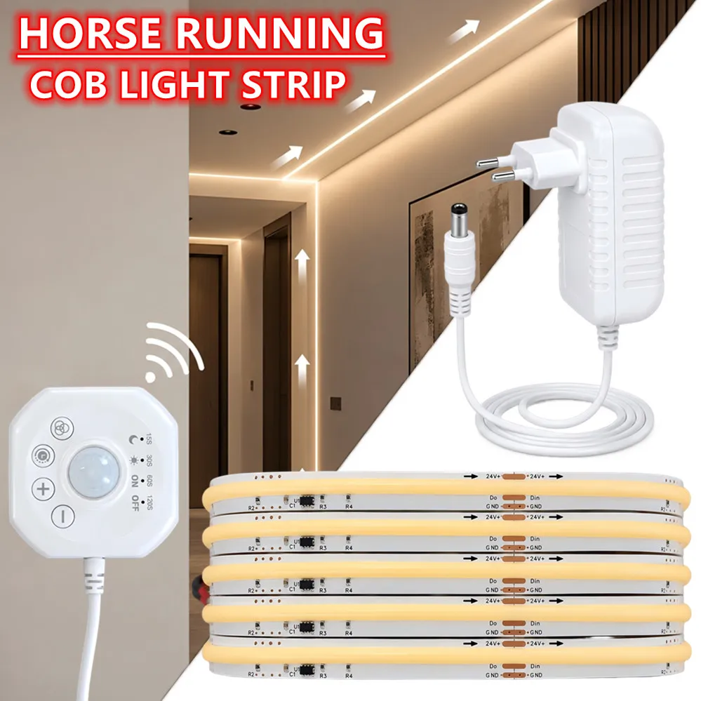 DC24V Running Water Flowing COB Strip Light PIR Motion Sensor Dimmable for WS2811 Pixel Chasing Effect Lamp 0.5M-10M Full Kit