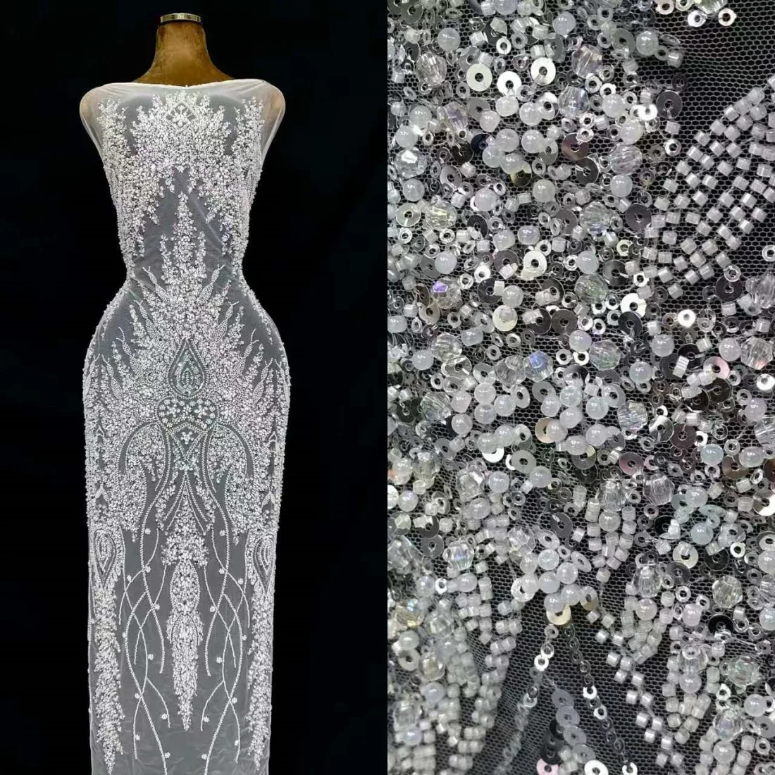 

Luxury 5 Yards High Quality African Groom Beaded Lace 2026 Nigerian French Sequins Tulle Lace Fabric Women Evening Dress