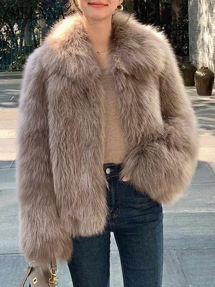 

ZMEENNA Womens Short Faux Fur Jacket Fluffy Warm Winter Outerwear Lapel Collar Loose Fit Long Sleeve Cardigan ZM4473