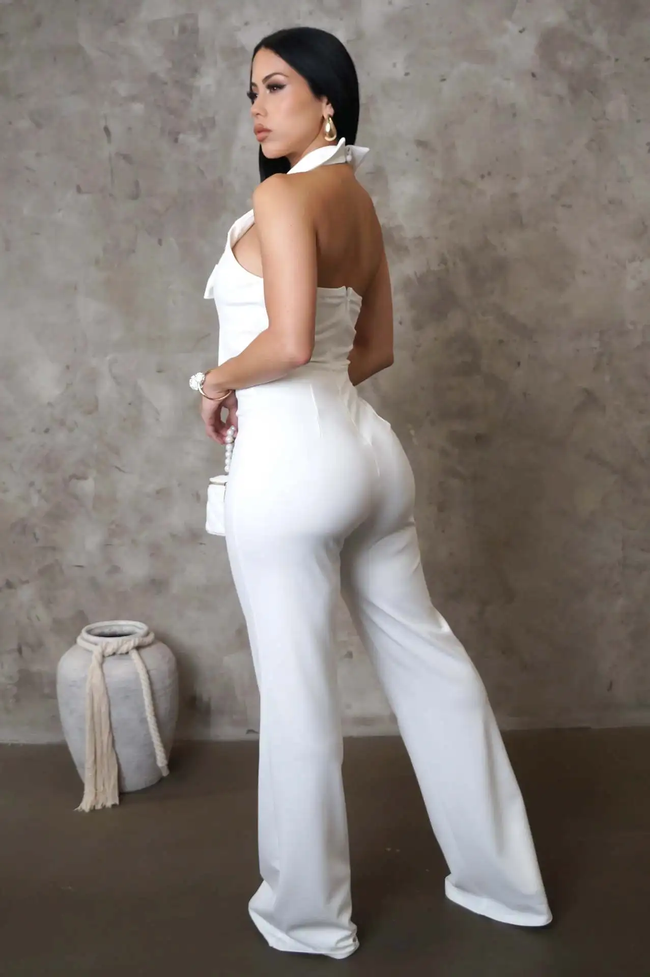 EINY Fashion Women Bowknot Halter Turn-Down Collar Sleeveless Wide Leg Jumpsuits Casual Sexy Party Club One Piece Suits Rompers
