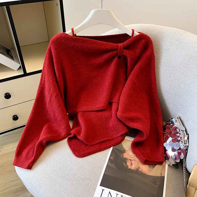 

Emily Clud Recommended Irregular oulder Bared Long Sve Knitted Sweater And Tank Top Two Piece Set for Women Autumn 2025