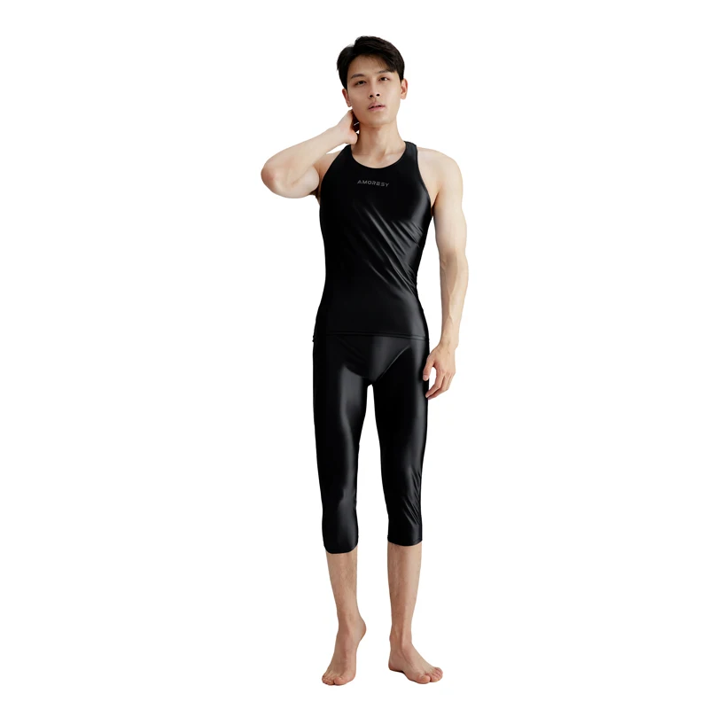 AMORESY Summer Men Shiny Glossy Spandex Sports Sleeveless Tights Vest Breathable Smooth Pullover Running Fitness Tops Undershirt
