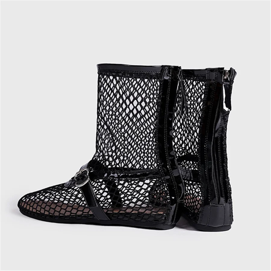 Runway Women Summer Boots Hollow Out Mesh Gladiator Sandals Ladies Flat Shoes Strap Ankle Botas Mujer Black Short Booties