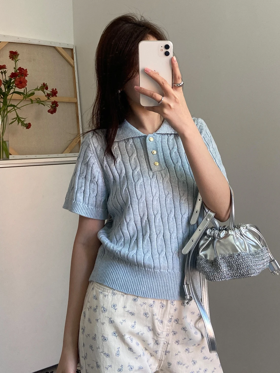 

Модный вязаный топ с коротким рукавом и узором косы для женщин, весна 2024, YB0230, из других тканей, женская трикотажная одежда