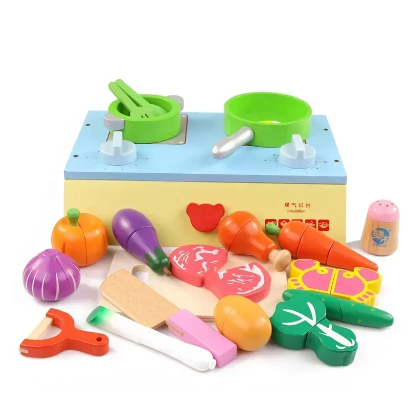 Baby pretend play house toys wooden funny kitchen toy food cooking toys play miniature kitchen set cutting fruit vegetable toys