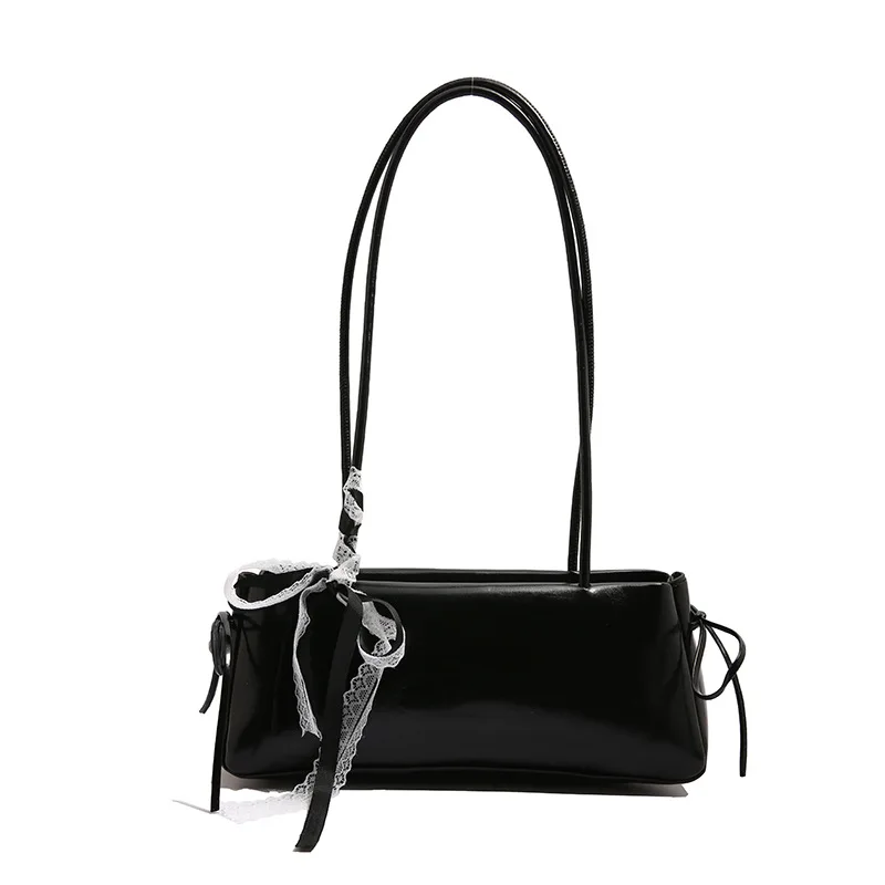 

Vintage Style Black PU Leather Shoulder Bag Women Large Capacity Lace Bow Decoration Underarm Bag for Casual Daily Use and Date
