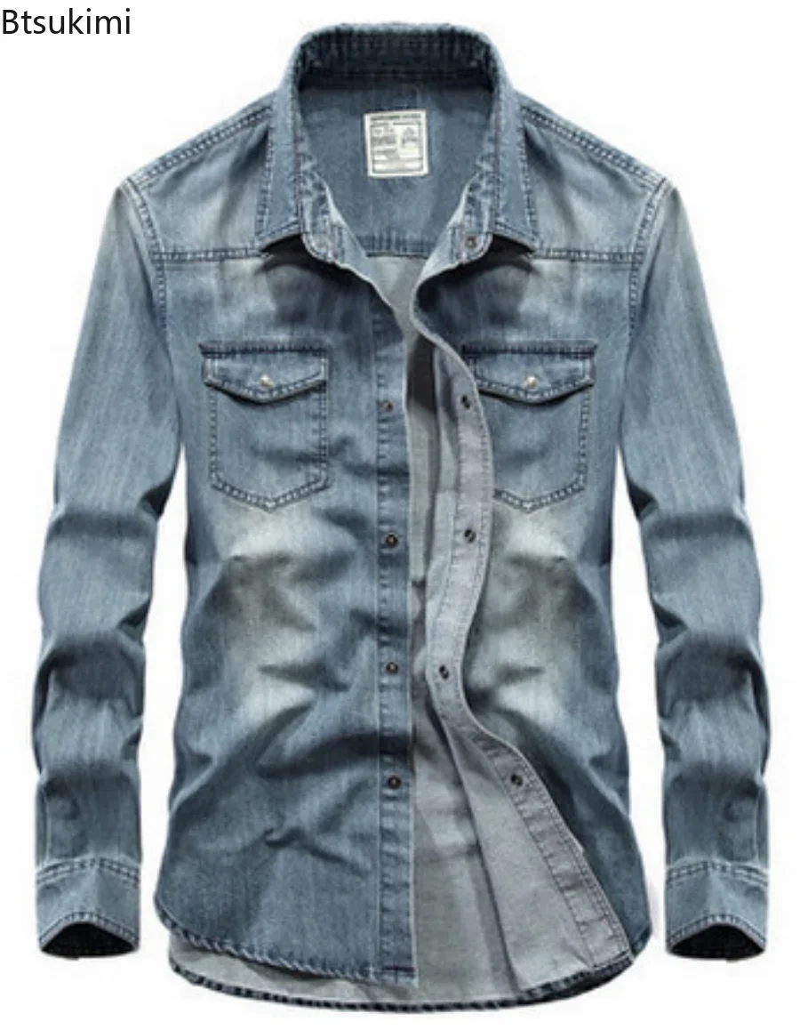 2024Men's Denim Jeans Shirt Long Sleeve 100% Cotton High Quality Handsome Hombre Casual Jean Shirt Top Male Shirts Plus Size 4XL