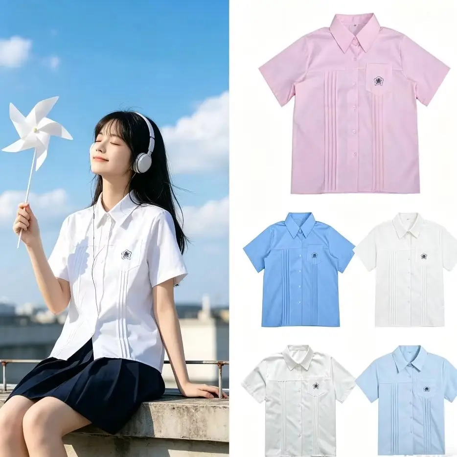 Japanese Academy Embroidered JK School Uniform Shirt,Short Sleeve Sweet Student Top for  Graduation Photo Campus Class Wear