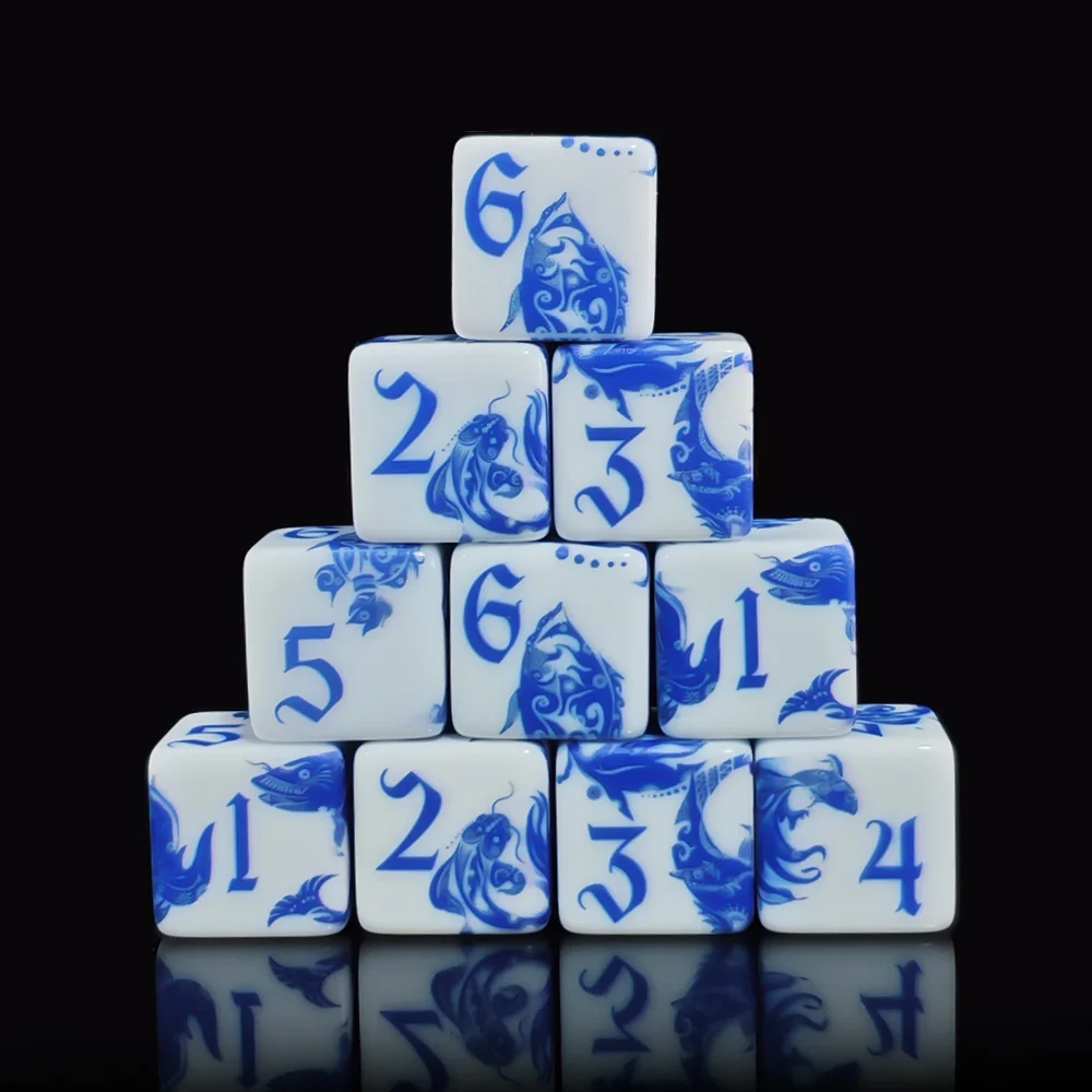 12Pcs Blue And White Porcelain Koi Fish D6 Dice,Chinese Style 16MM Square Acrylic 6-Sided  For DND RPG TTRP Tabletop Board Game view 2