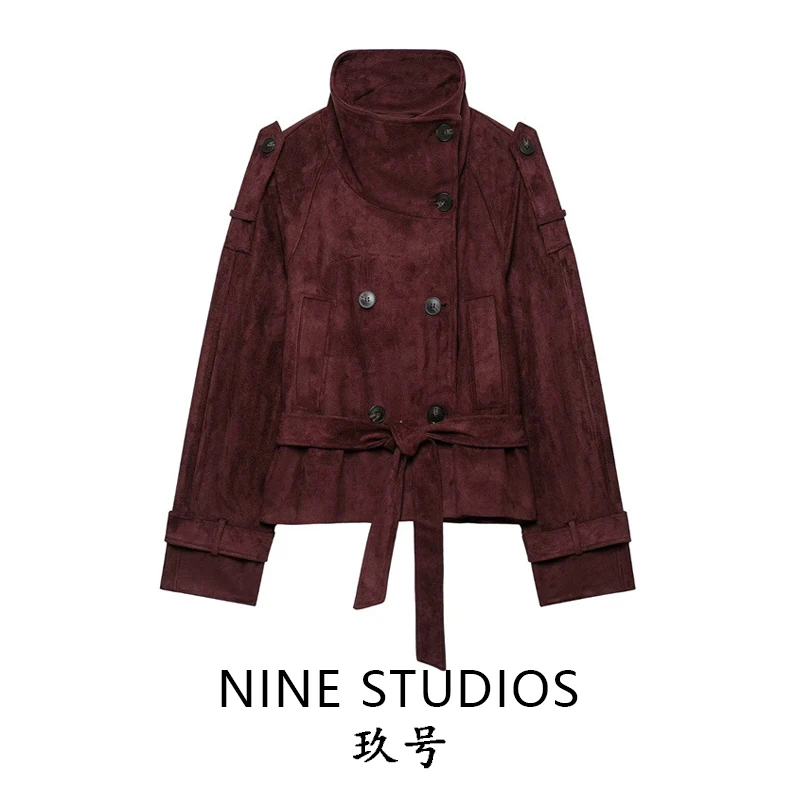 NINE ZAR Women's Jacket Coat with Belt Velvet Texture Stand Collar Short Outerwear Long Sleeve Double Button Closure Female