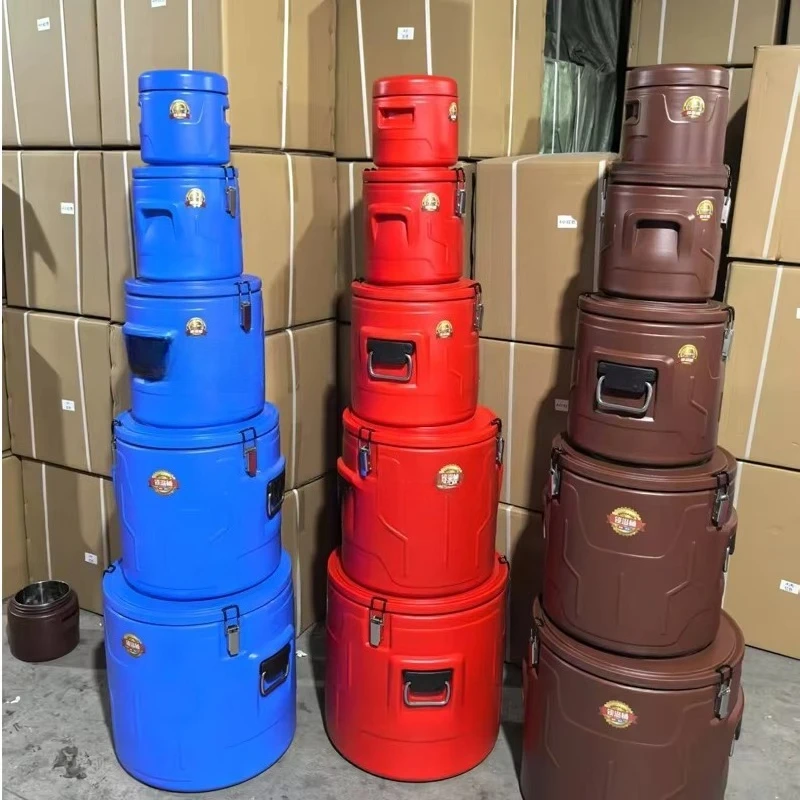A set of 5 stainless steel insulated metal drums food heater and cooler drums insulated food storage and containers