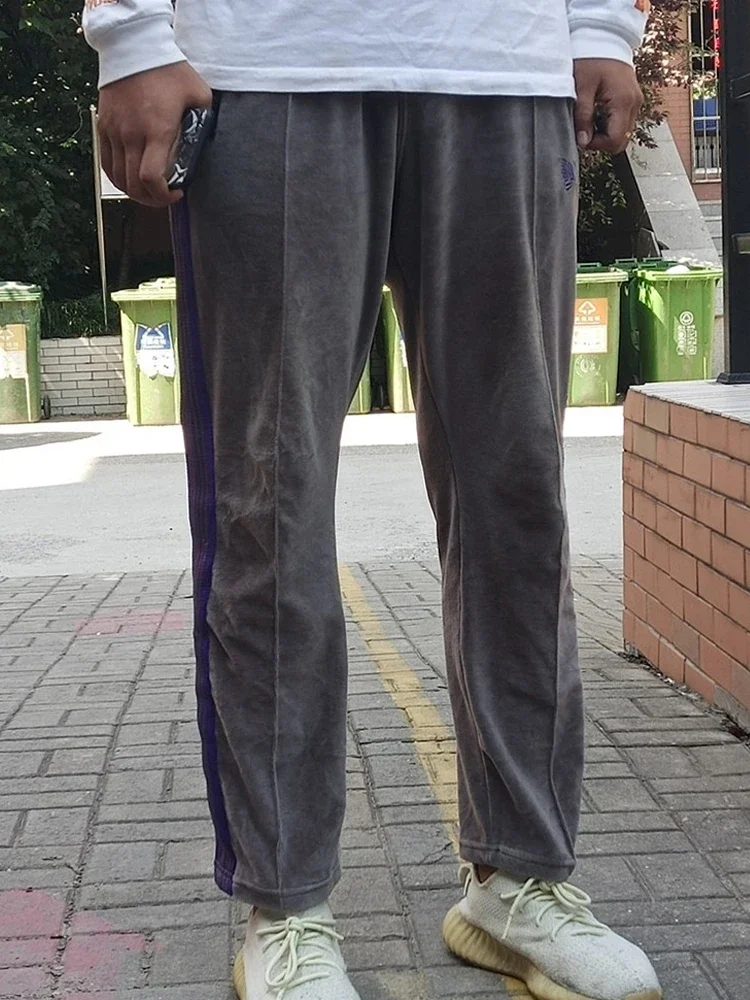 Cotton Velvet Trousers Purple Butterfly Embroidery+Webbing Track Stripe Pants Zipper Oversize 1:1 Men Women Sweatpants