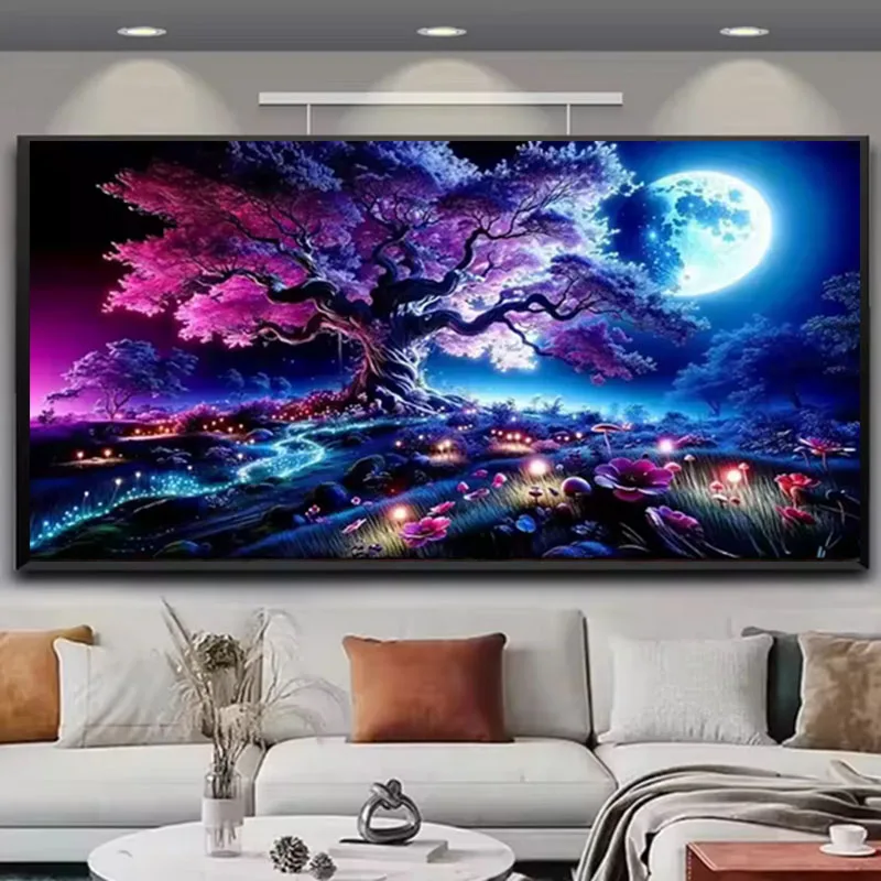 Elmas Nakış Kiraz Çiçeği Şelale Ay Manzara 5D Diy Elmas Boyama Tam Kare Yuvarlak Mozaik Çapraz dikiş kitleri