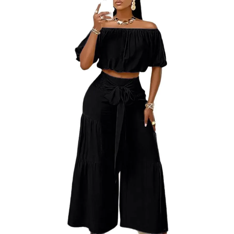 

2025 Новая мода плиссированный топ с пышными рукавами + широкие брюки комплекты из двух предметов для женщин летняя рубашка брючный костюм на шнуровке для женщин